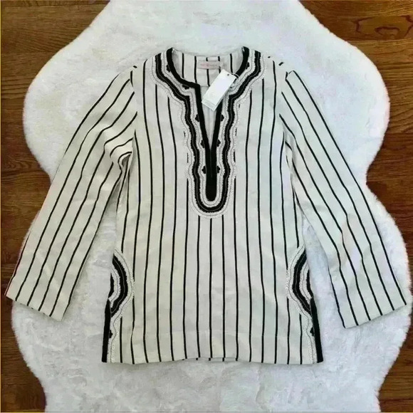 NWT Tory Burch Women's Size 10 Black Ivory Filipa Rayon Slub Stripe Tory Tunic - Picture 3 of 5
